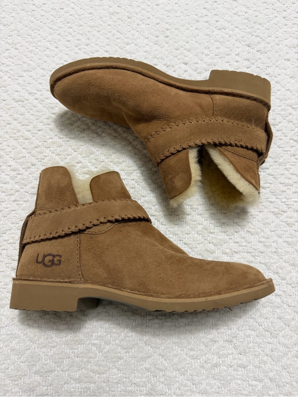 UGG Mckay Chestnut Suede Sheepskin Ankle Mini Boots Shoes Women’s Size 6.5